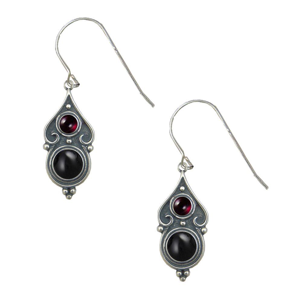 Sterling Silver Designer Post Stud Earrings With Black Onyx And Garnet